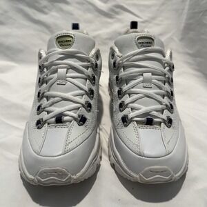 SKECHERS White Leather Lace Up Sneakers Logo Accent Low Top